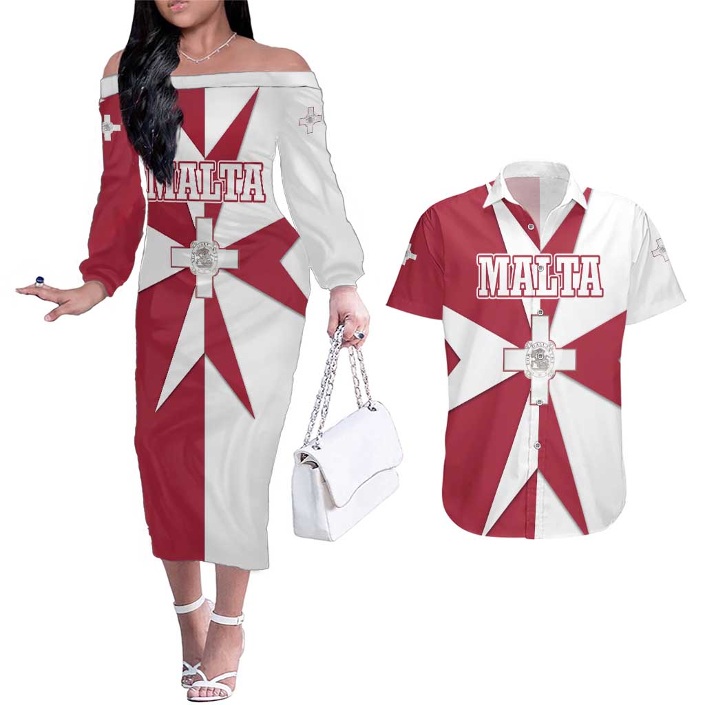 Malta Couples Matching Off The Shoulder Long Sleeve Dress and Hawaiian Shirt with Red White Crossburst Design - Wonder Print Shop