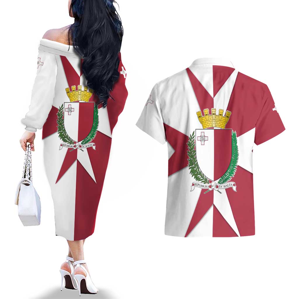 Malta Couples Matching Off The Shoulder Long Sleeve Dress and Hawaiian Shirt with Red White Crossburst Design - Wonder Print Shop