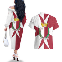 Malta Couples Matching Off The Shoulder Long Sleeve Dress and Hawaiian Shirt with Red White Crossburst Design - Wonder Print Shop