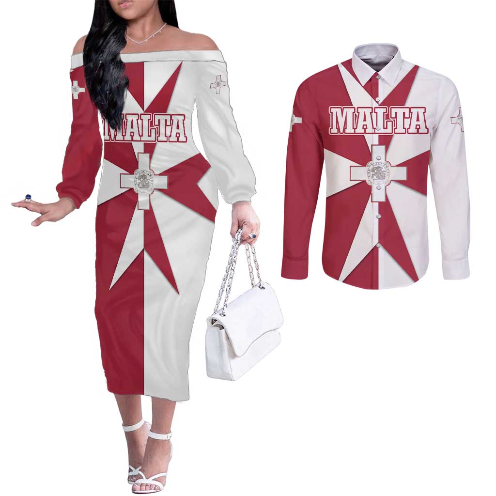 Malta Couples Matching Off The Shoulder Long Sleeve Dress and Long Sleeve Button Shirt with Red White Crossburst Design - Wonder Print Shop
