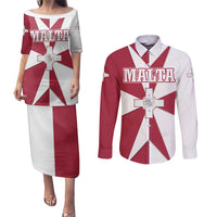 Malta Couples Matching Puletasi and Long Sleeve Button Shirt with Red White Crossburst Design - Wonder Print Shop