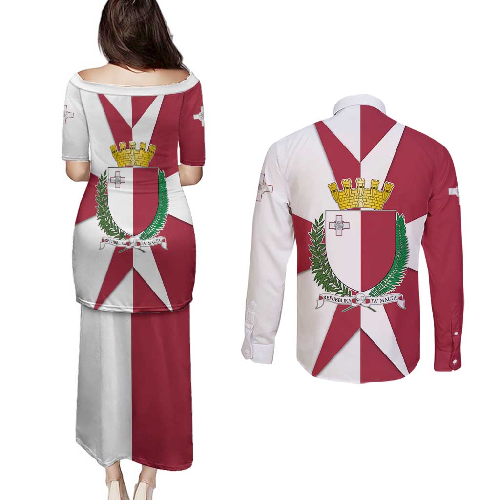 Malta Couples Matching Puletasi and Long Sleeve Button Shirt with Red White Crossburst Design - Wonder Print Shop