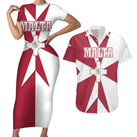 Malta Couples Matching Short Sleeve Bodycon Dress and Hawaiian Shirt with Red White Crossburst Design - Wonder Print Shop