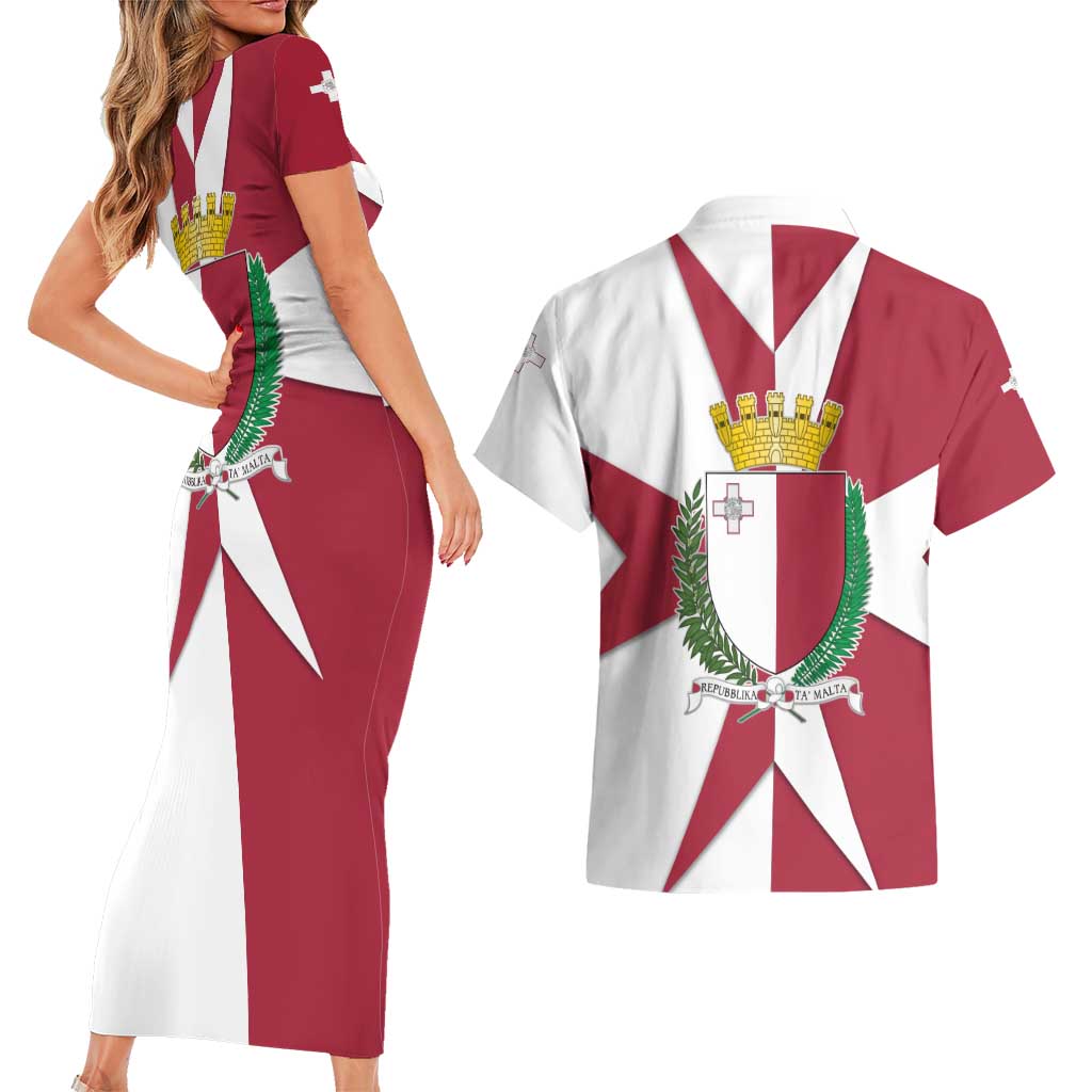 Malta Couples Matching Short Sleeve Bodycon Dress and Hawaiian Shirt with Red White Crossburst Design - Wonder Print Shop