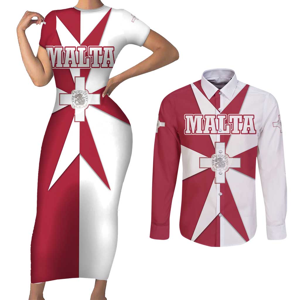 Malta Couples Matching Short Sleeve Bodycon Dress and Long Sleeve Button Shirt with Red White Crossburst Design - Wonder Print Shop