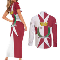 Malta Couples Matching Short Sleeve Bodycon Dress and Long Sleeve Button Shirt with Red White Crossburst Design - Wonder Print Shop