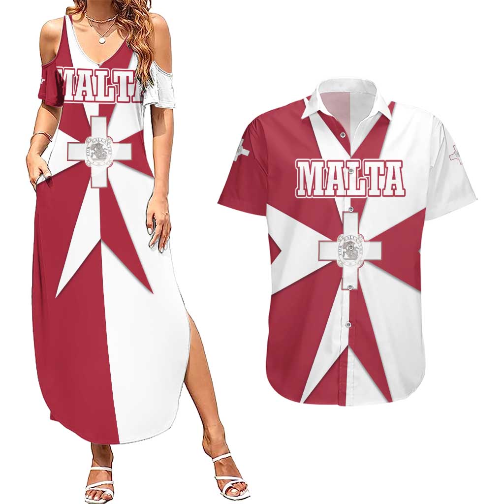 Malta Couples Matching Summer Maxi Dress and Hawaiian Shirt with Red White Crossburst Design - Wonder Print Shop