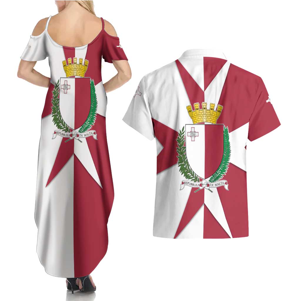 Malta Couples Matching Summer Maxi Dress and Hawaiian Shirt with Red White Crossburst Design - Wonder Print Shop