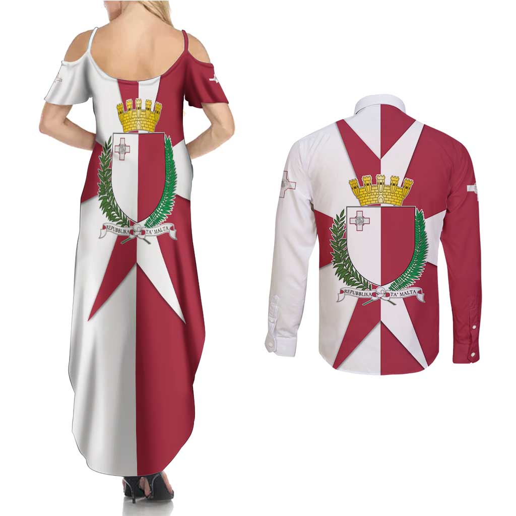 Malta Couples Matching Summer Maxi Dress and Long Sleeve Button Shirt with Red White Crossburst Design - Wonder Print Shop