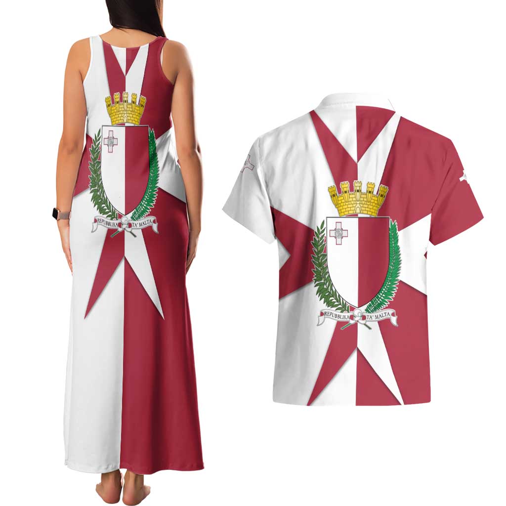 Malta Couples Matching Tank Maxi Dress and Hawaiian Shirt with Red White Crossburst Design - Wonder Print Shop