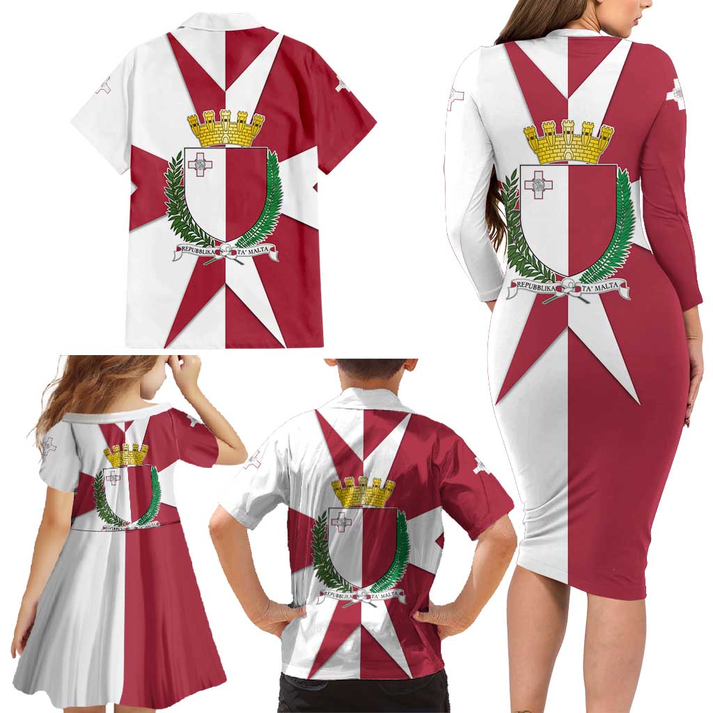Malta Family Matching Long Sleeve Bodycon Dress and Hawaiian Shirt with Red White Crossburst Design - Wonder Print Shop