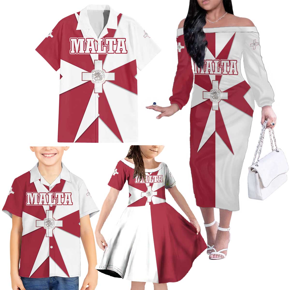 Malta Family Matching Off The Shoulder Long Sleeve Dress and Hawaiian Shirt with Red White Crossburst Design - Wonder Print Shop