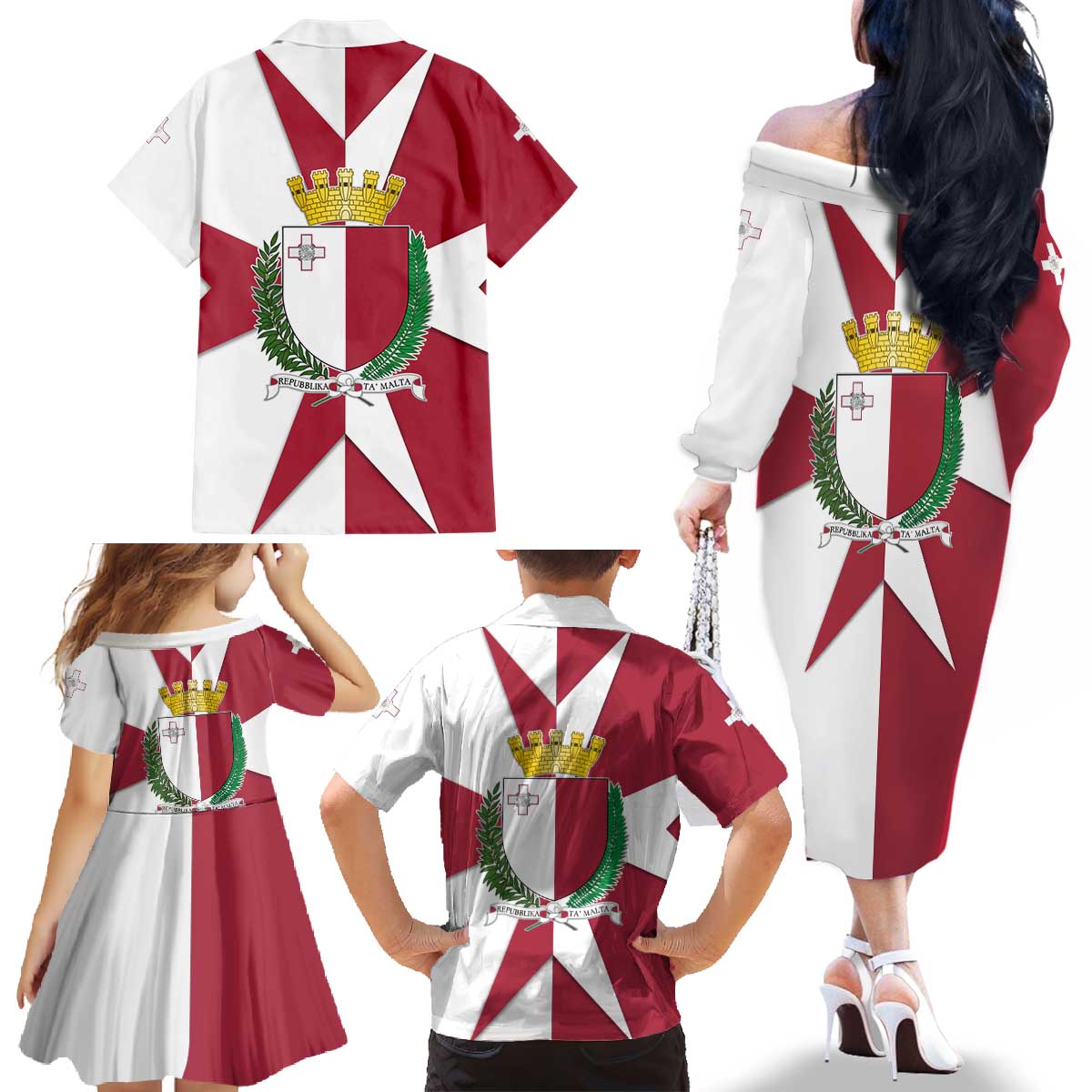 Malta Family Matching Off The Shoulder Long Sleeve Dress and Hawaiian Shirt with Red White Crossburst Design - Wonder Print Shop
