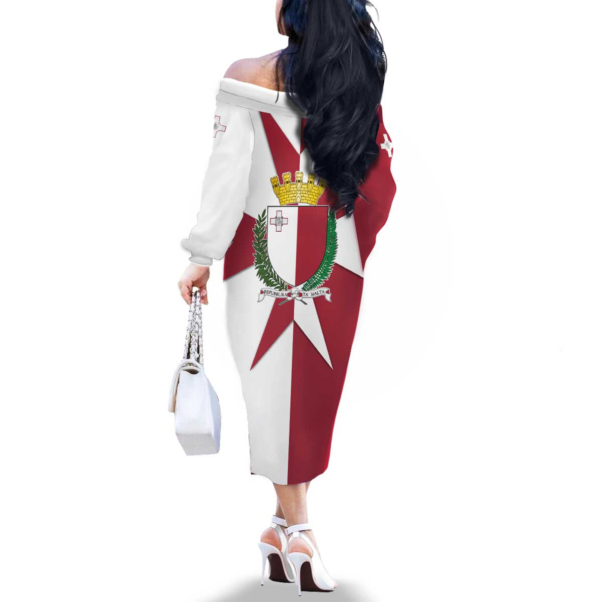 Malta Family Matching Off The Shoulder Long Sleeve Dress and Hawaiian Shirt with Red White Crossburst Design - Wonder Print Shop