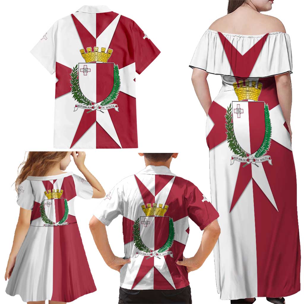 Malta Family Matching Off Shoulder Maxi Dress and Hawaiian Shirt with Red White Crossburst Design - Wonder Print Shop