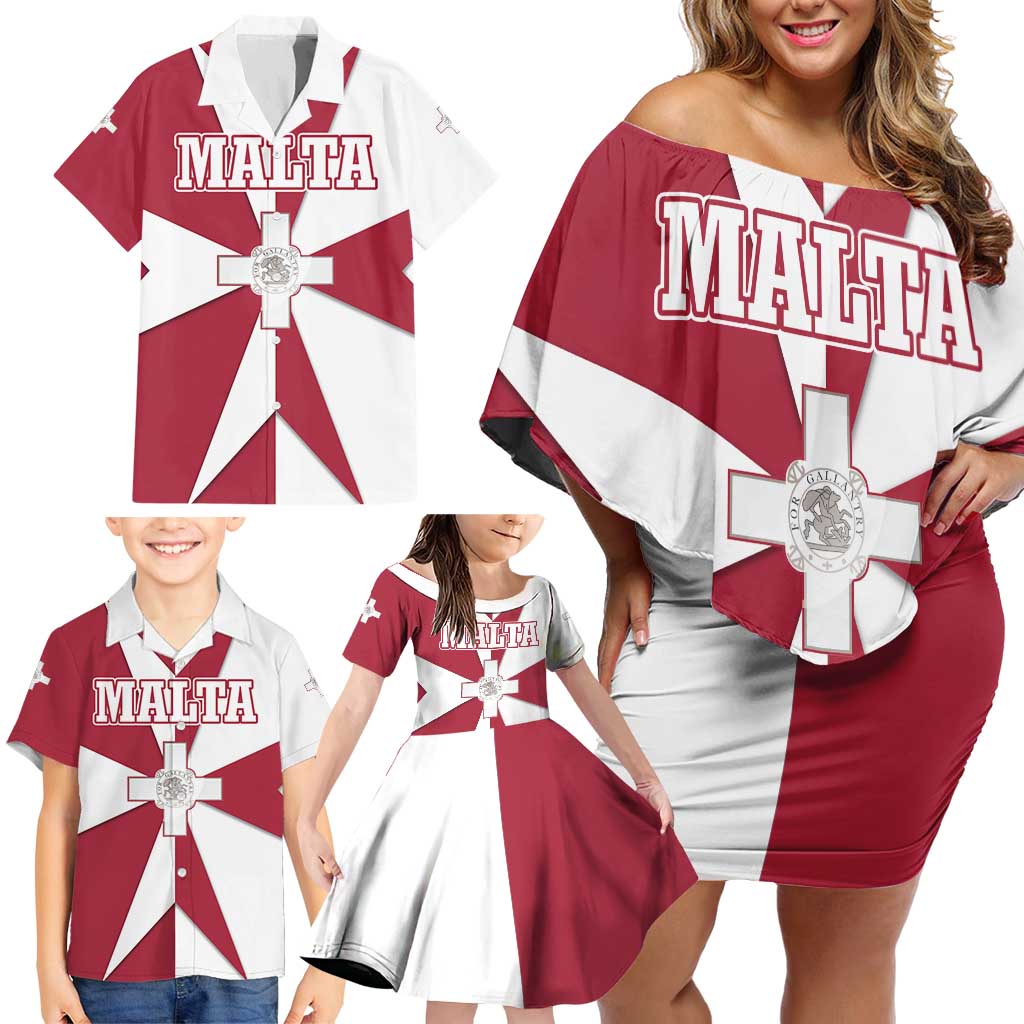 Malta Family Matching Off Shoulder Short Dress and Hawaiian Shirt with Red White Crossburst Design - Wonder Print Shop