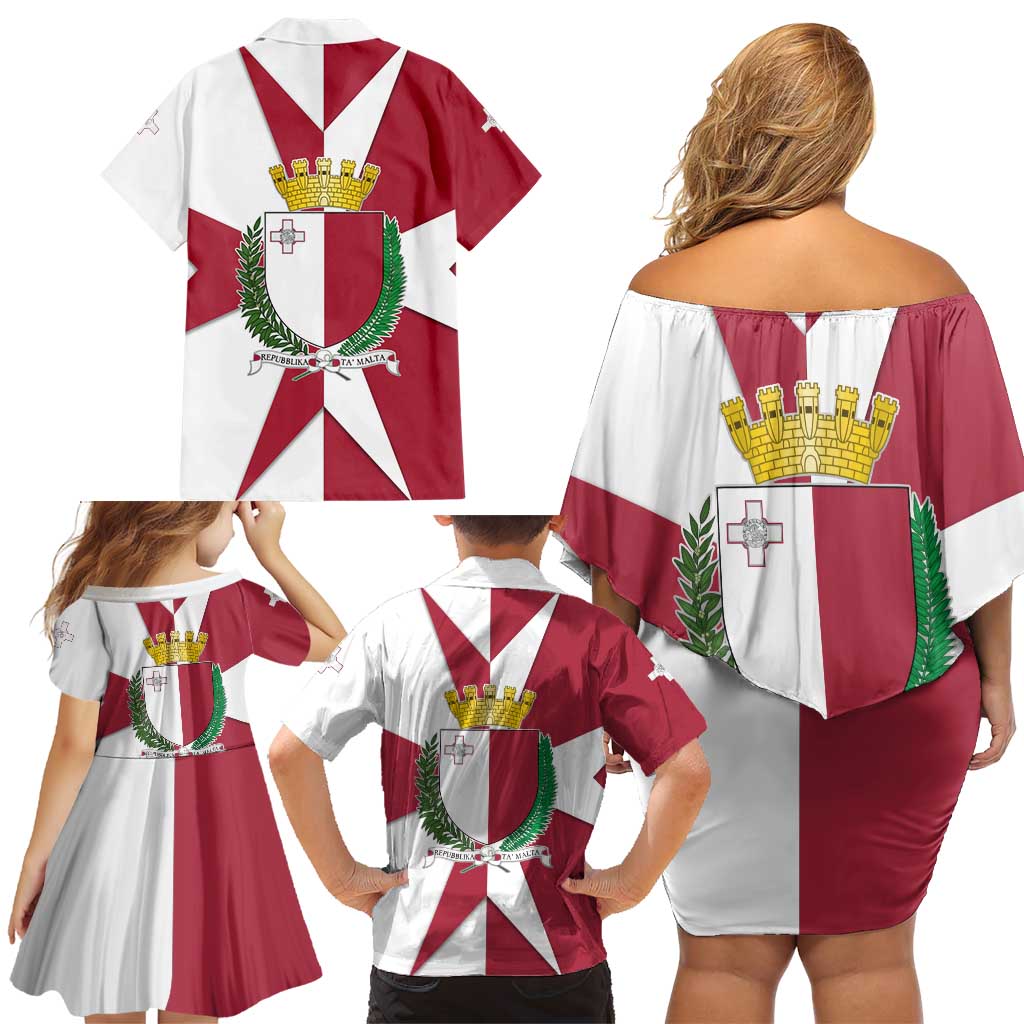 Malta Family Matching Off Shoulder Short Dress and Hawaiian Shirt with Red White Crossburst Design - Wonder Print Shop