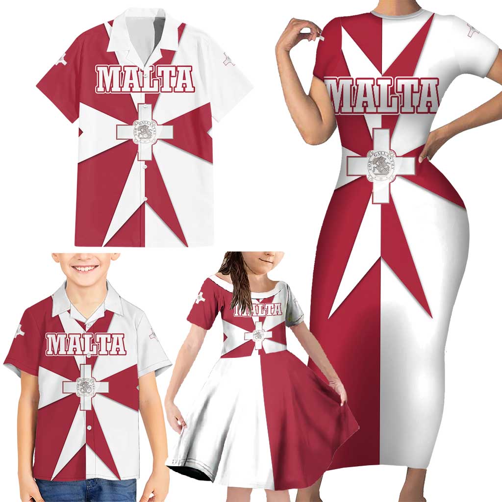 Malta Family Matching Short Sleeve Bodycon Dress and Hawaiian Shirt with Red White Crossburst Design - Wonder Print Shop