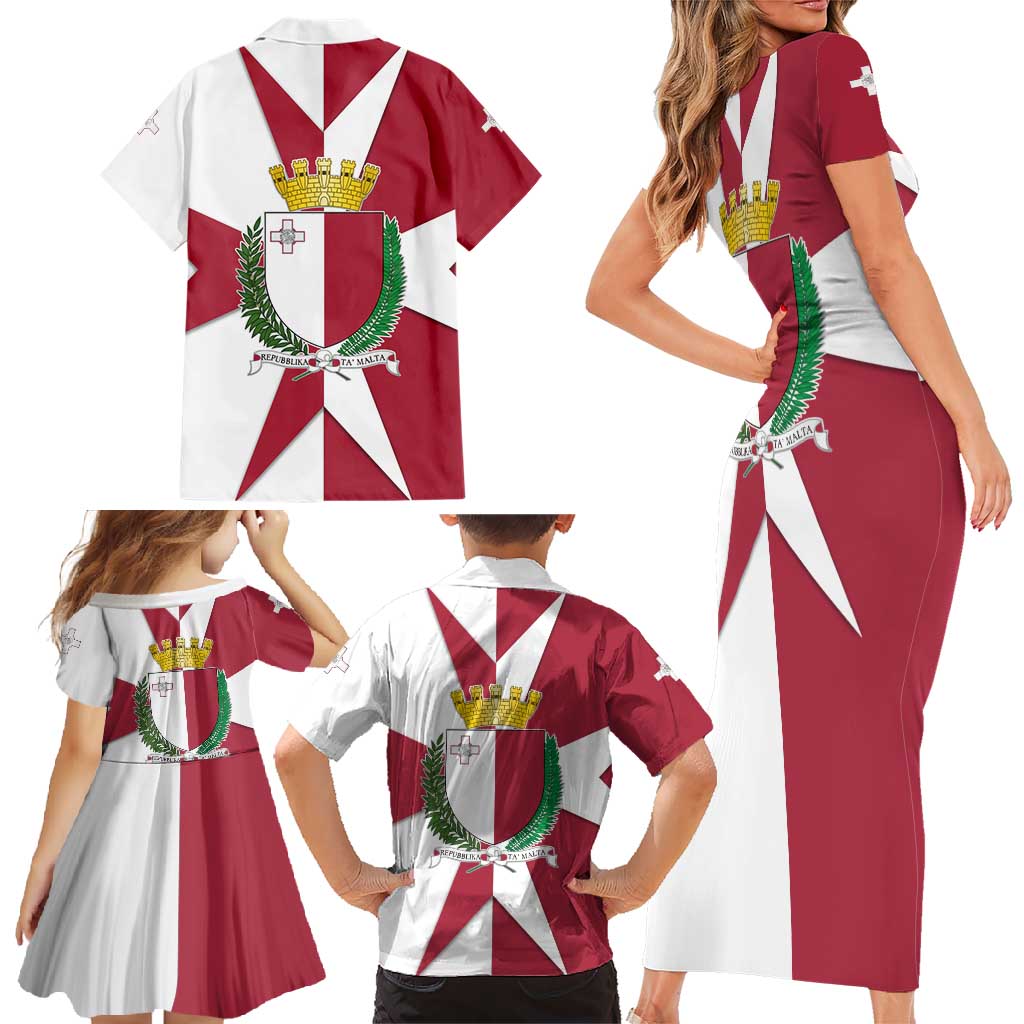 Malta Family Matching Short Sleeve Bodycon Dress and Hawaiian Shirt with Red White Crossburst Design - Wonder Print Shop