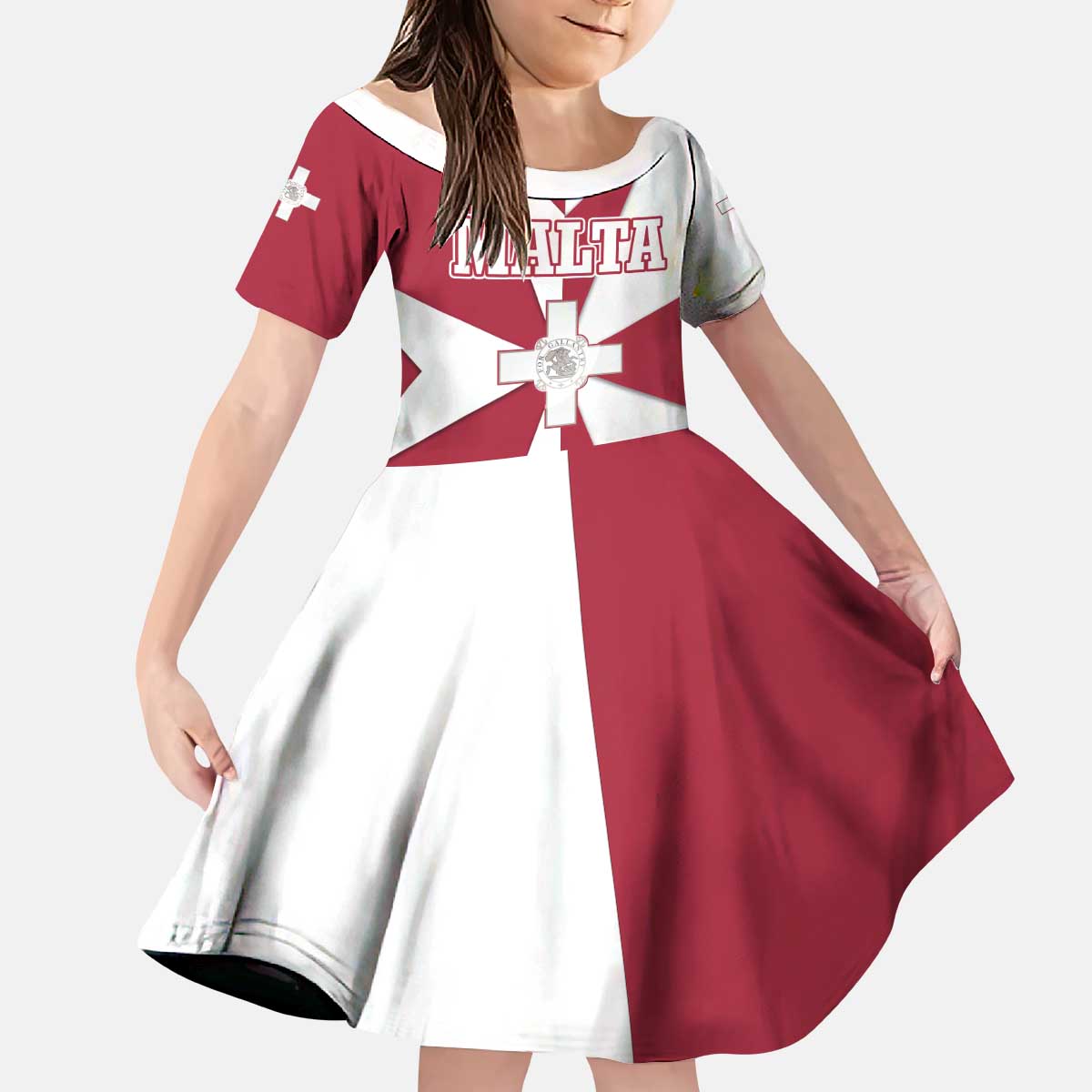 Malta Kid Short Sleeve Dress with Red White Crossburst Design - Wonder Print Shop