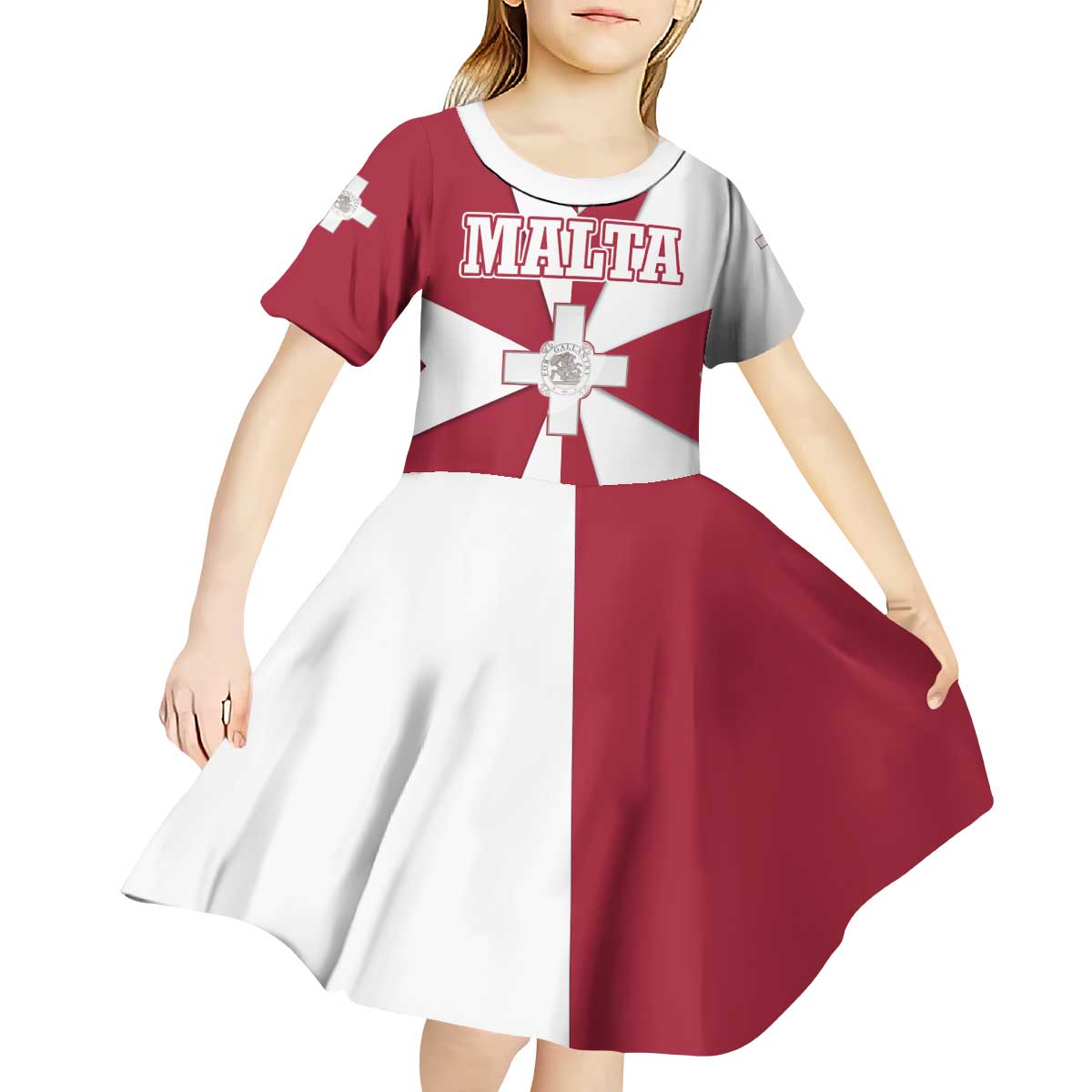 Malta Kid Short Sleeve Dress with Red White Crossburst Design - Wonder Print Shop