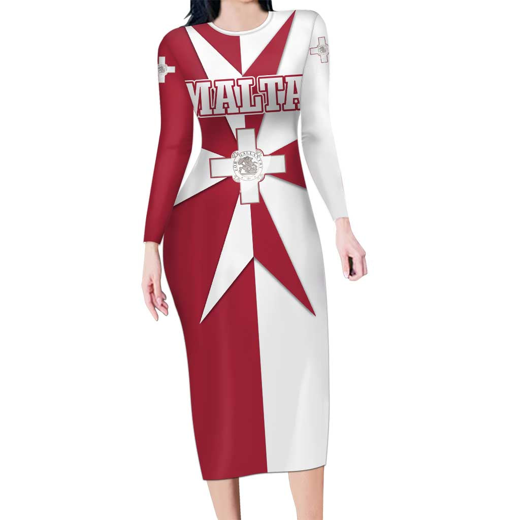 Malta Long Sleeve Bodycon Dress with Red White Crossburst Design - Wonder Print Shop