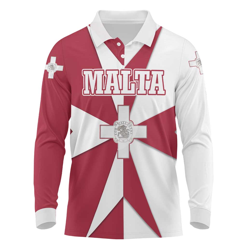 Malta Long Sleeve Polo Shirt with Red White Crossburst Design - Wonder Print Shop