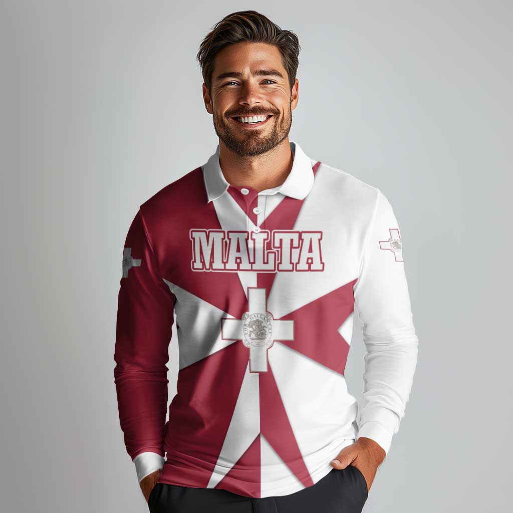 Malta Long Sleeve Polo Shirt with Red White Crossburst Design - Wonder Print Shop