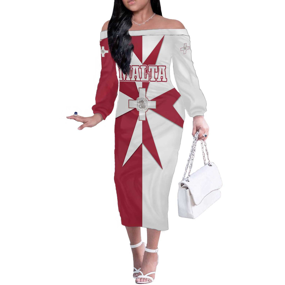 Malta Off The Shoulder Long Sleeve Dress with Red White Crossburst Design - Wonder Print Shop