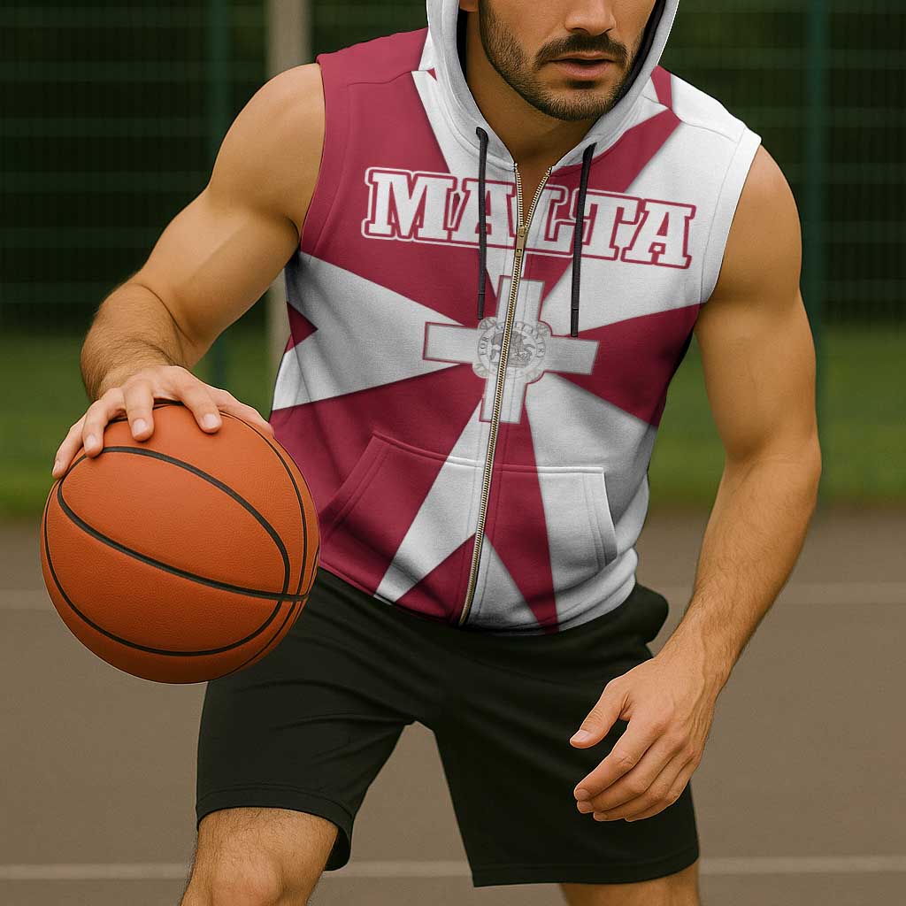 Malta Sleeveless Zip Hoodie with Red White Crossburst Design - Wonder Print Shop