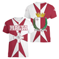 Malta Women V-Neck T-Shirt with Red White Crossburst Design - Wonder Print Shop
