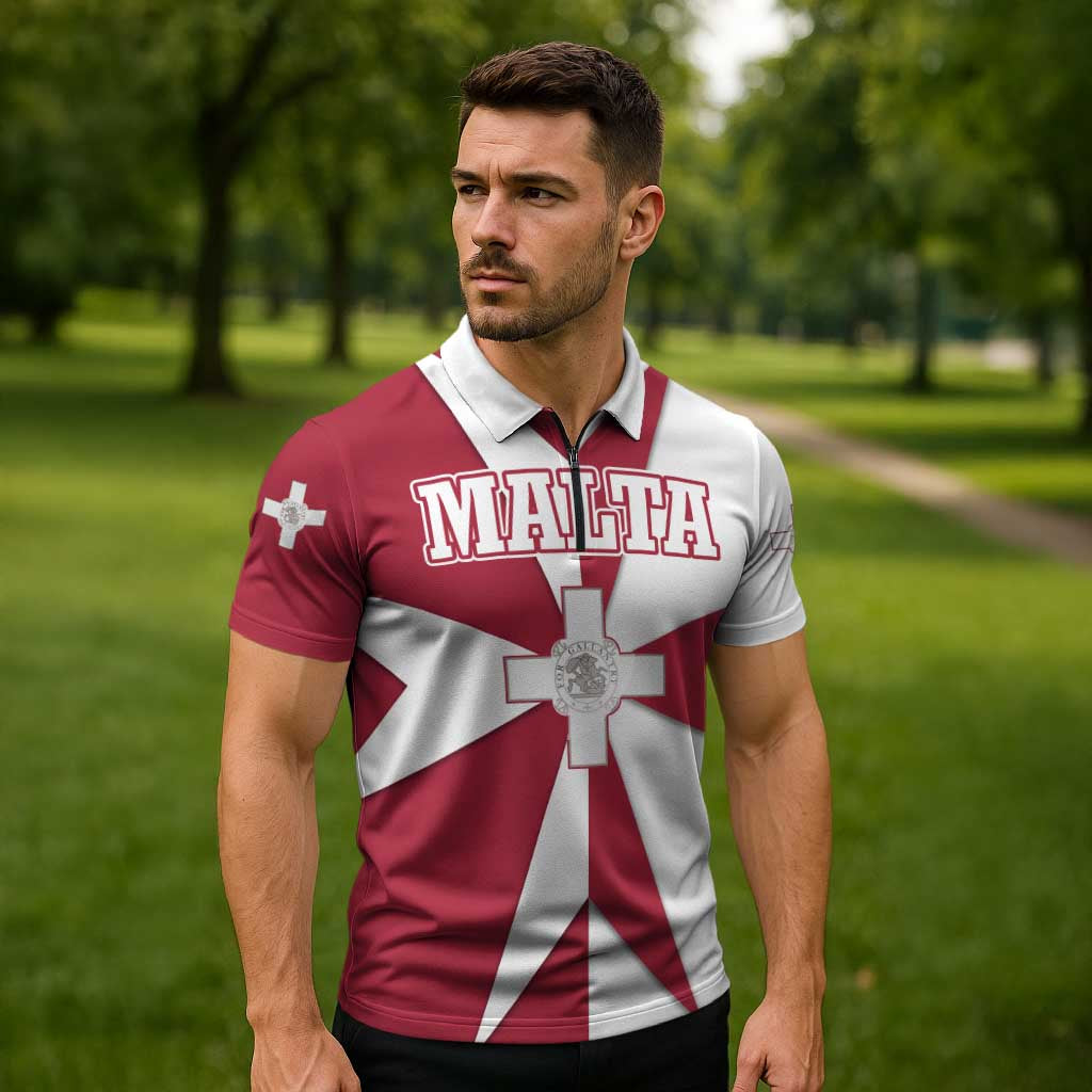 Malta Zipper Polo Shirt with Red White Crossburst Design - Wonder Print Shop