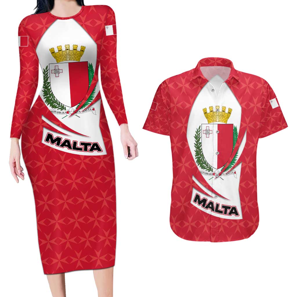 Malta Couples Matching Long Sleeve Bodycon Dress and Hawaiian Shirt with Red White Swirl Design - Wonder Print Shop