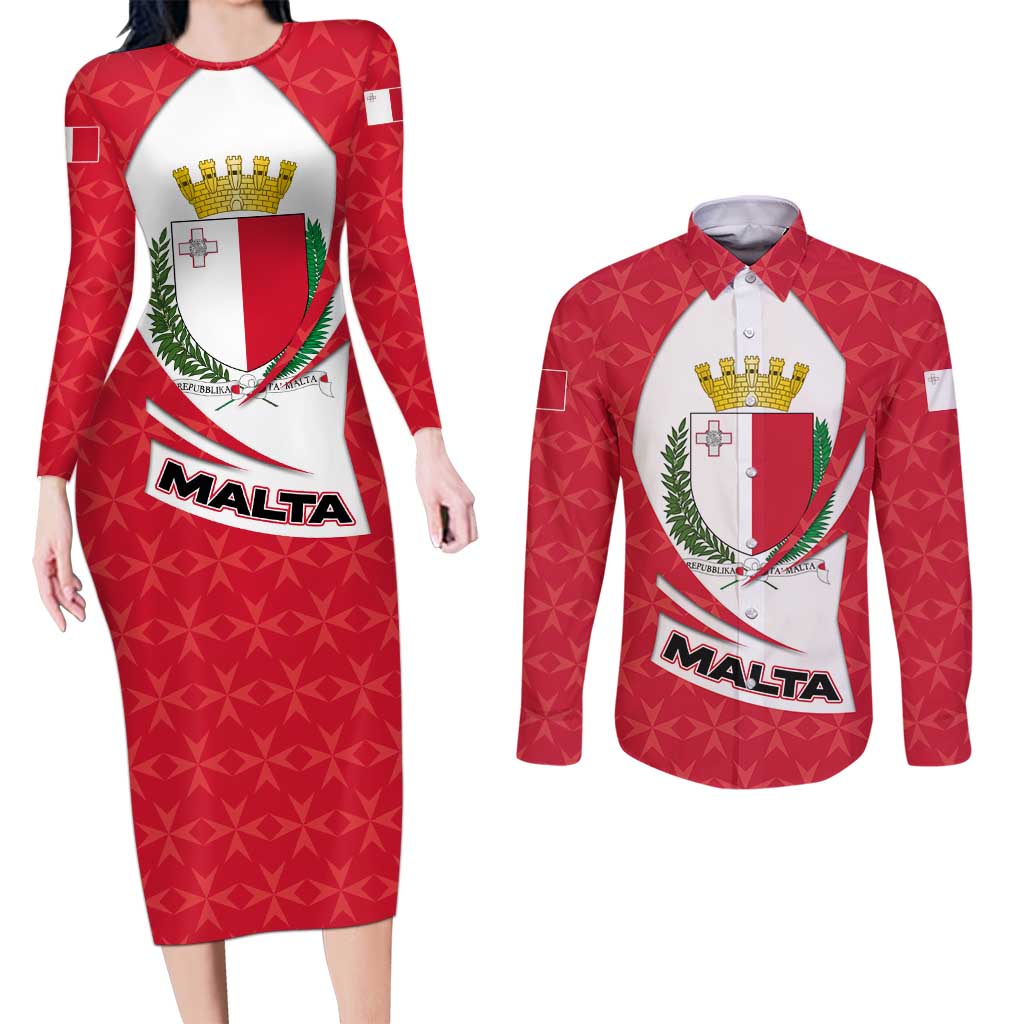 Malta Couples Matching Long Sleeve Bodycon Dress and Long Sleeve Button Shirt with Red White Swirl Design - Wonder Print Shop