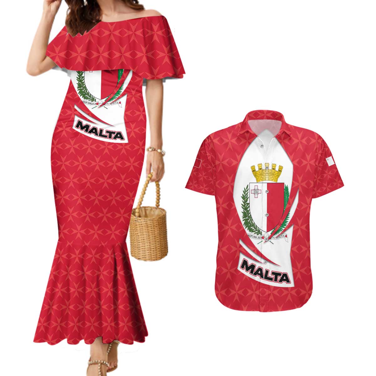 Malta Couples Matching Mermaid Dress and Hawaiian Shirt with Red White Swirl Design - Wonder Print Shop