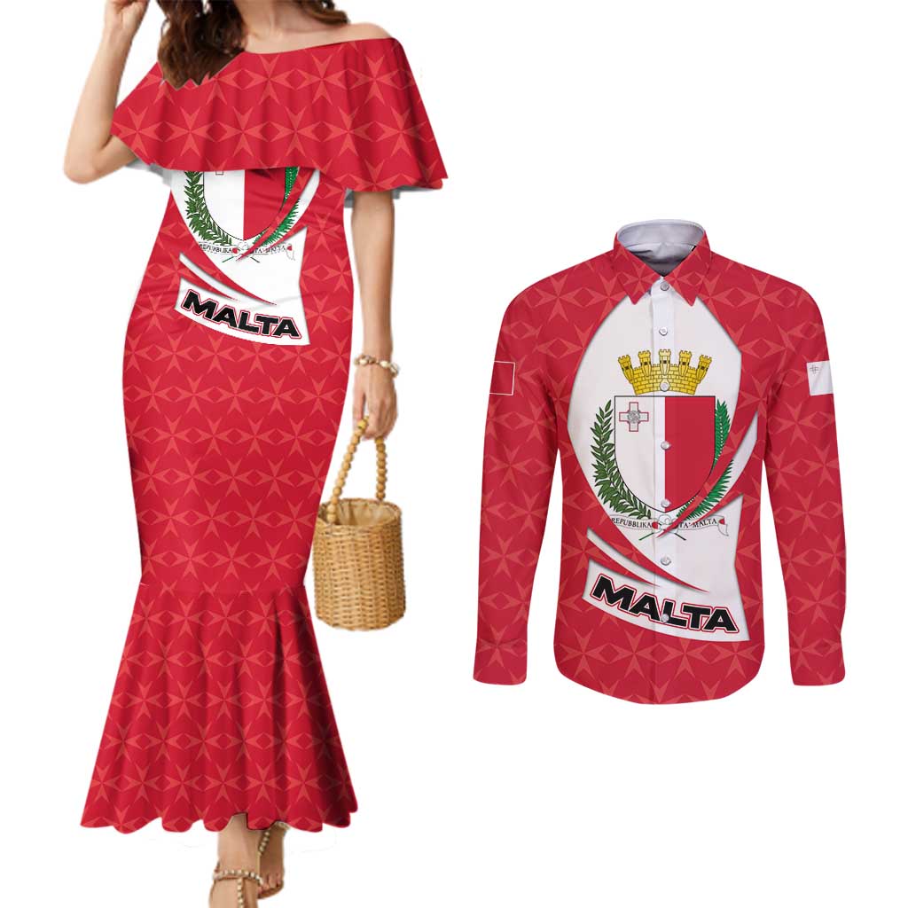 Malta Couples Matching Mermaid Dress and Long Sleeve Button Shirt with Red White Swirl Design - Wonder Print Shop
