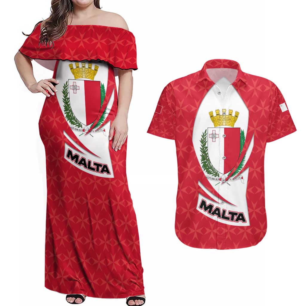 Malta Couples Matching Off Shoulder Maxi Dress and Hawaiian Shirt with Red White Swirl Design - Wonder Print Shop
