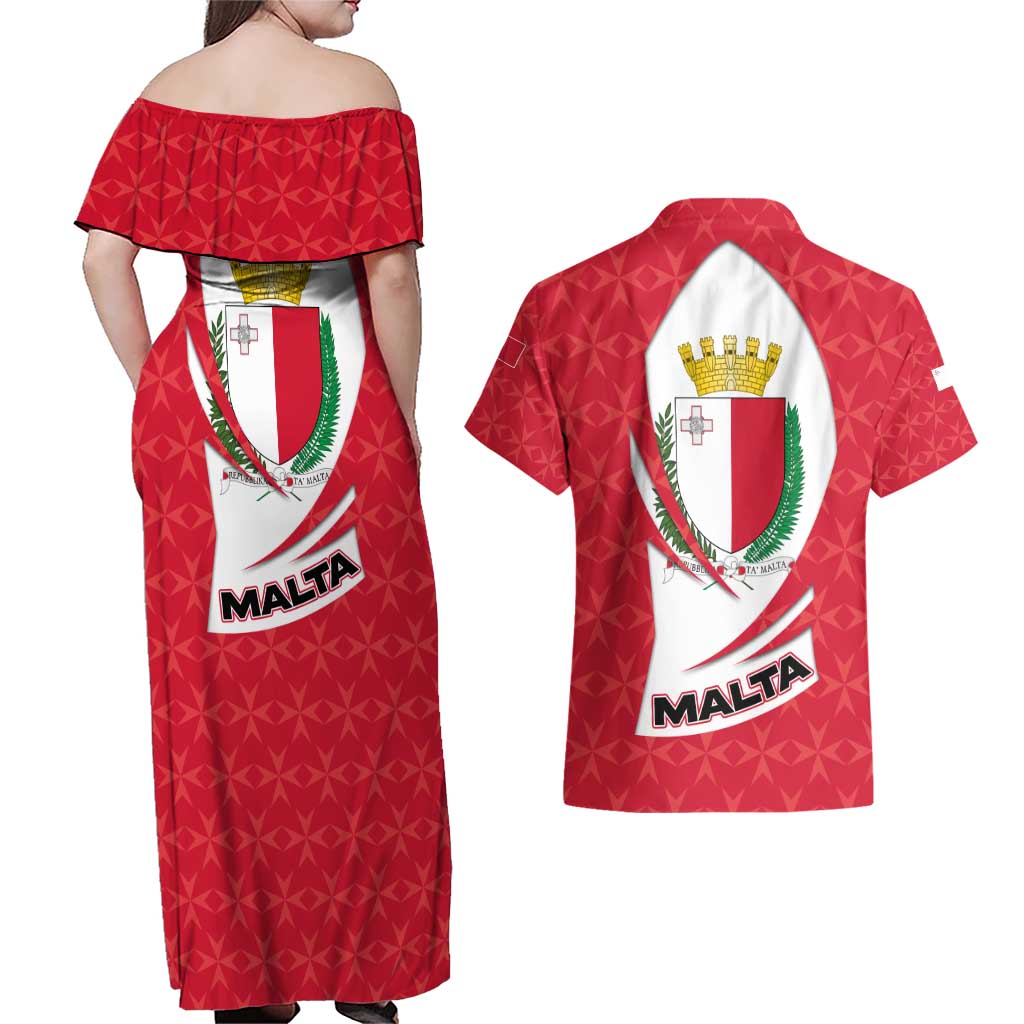 Malta Couples Matching Off Shoulder Maxi Dress and Hawaiian Shirt with Red White Swirl Design - Wonder Print Shop