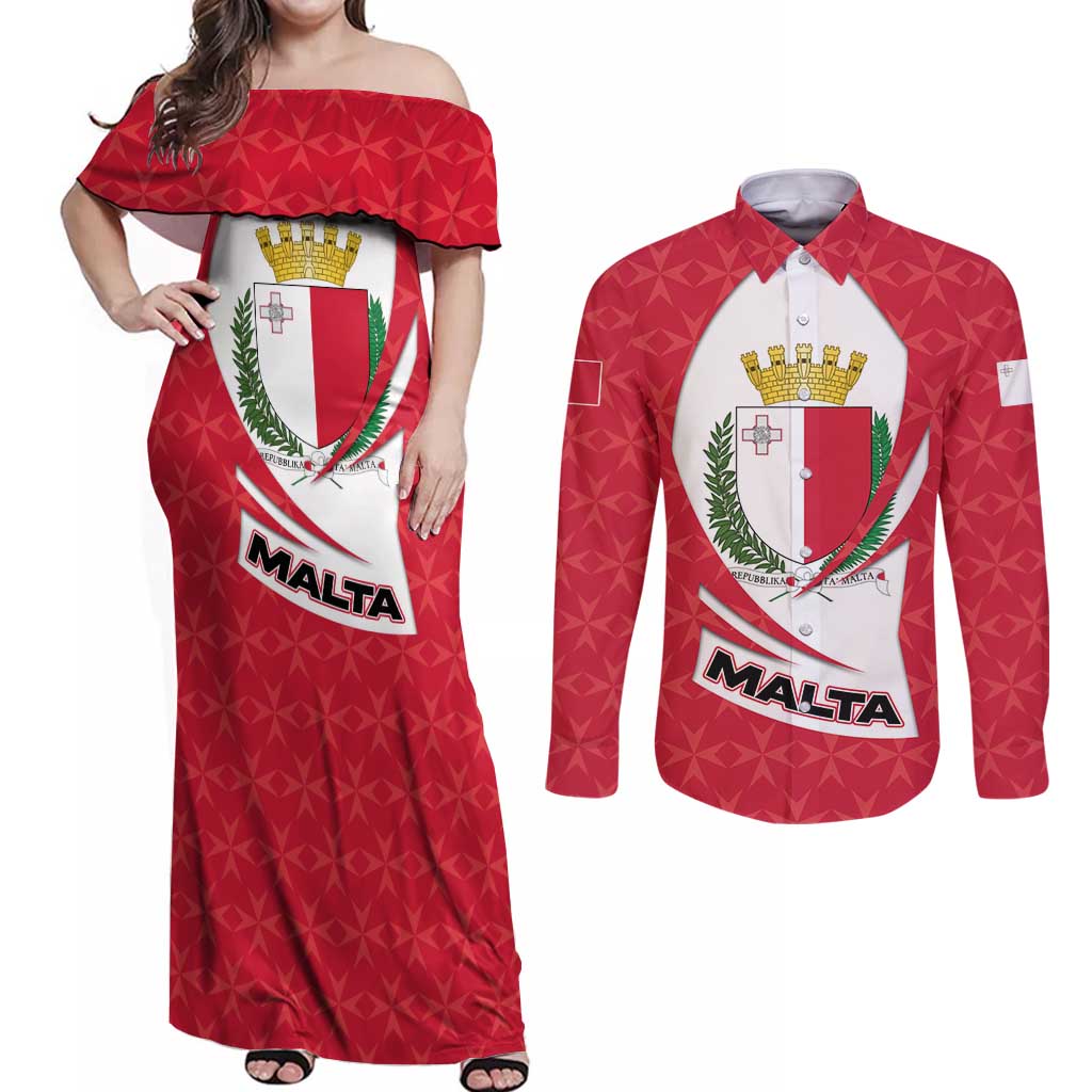Malta Couples Matching Off Shoulder Maxi Dress and Long Sleeve Button Shirt with Red White Swirl Design - Wonder Print Shop