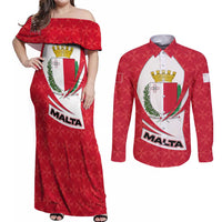 Malta Couples Matching Off Shoulder Maxi Dress and Long Sleeve Button Shirt with Red White Swirl Design - Wonder Print Shop