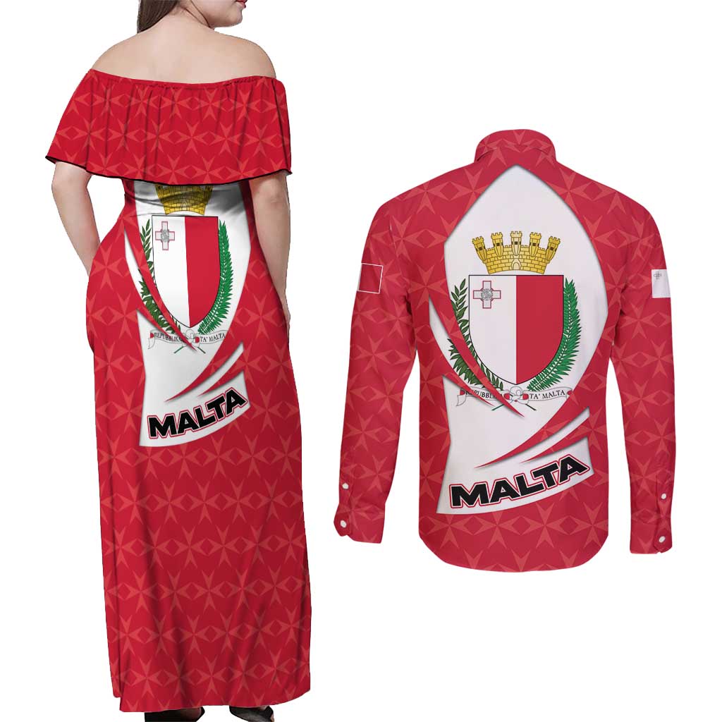 Malta Couples Matching Off Shoulder Maxi Dress and Long Sleeve Button Shirt with Red White Swirl Design - Wonder Print Shop
