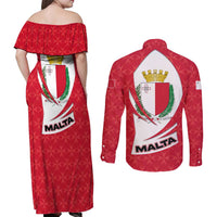 Malta Couples Matching Off Shoulder Maxi Dress and Long Sleeve Button Shirt with Red White Swirl Design - Wonder Print Shop