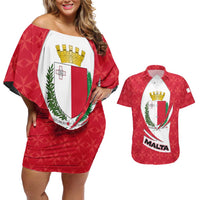 Malta Couples Matching Off Shoulder Short Dress and Hawaiian Shirt with Red White Swirl Design - Wonder Print Shop