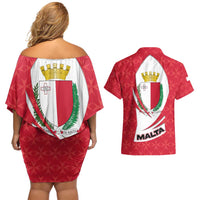 Malta Couples Matching Off Shoulder Short Dress and Hawaiian Shirt with Red White Swirl Design - Wonder Print Shop