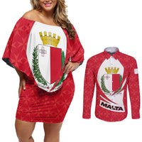 Malta Couples Matching Off Shoulder Short Dress and Long Sleeve Button Shirt with Red White Swirl Design - Wonder Print Shop