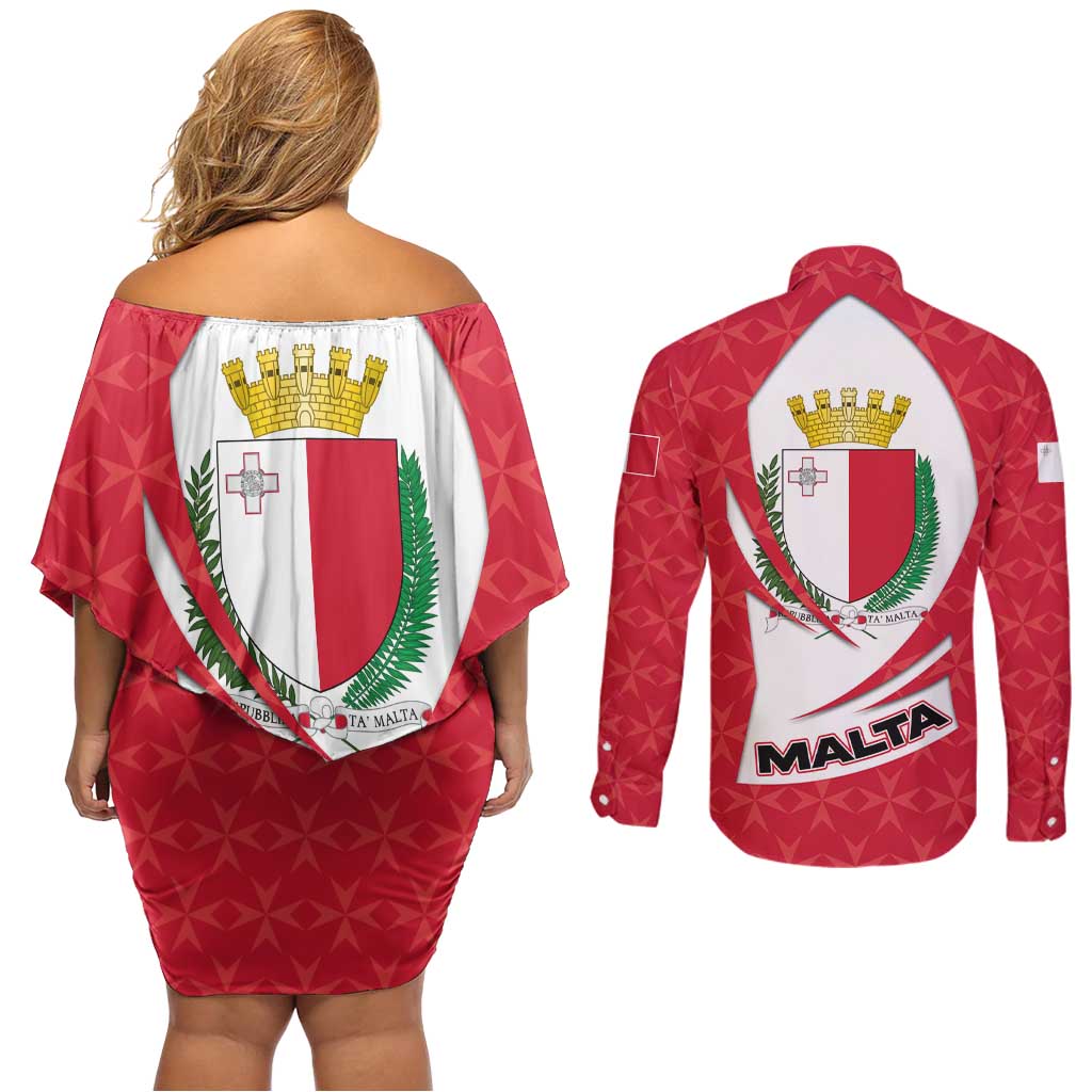 Malta Couples Matching Off Shoulder Short Dress and Long Sleeve Button Shirt with Red White Swirl Design - Wonder Print Shop
