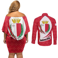 Malta Couples Matching Off Shoulder Short Dress and Long Sleeve Button Shirt with Red White Swirl Design - Wonder Print Shop