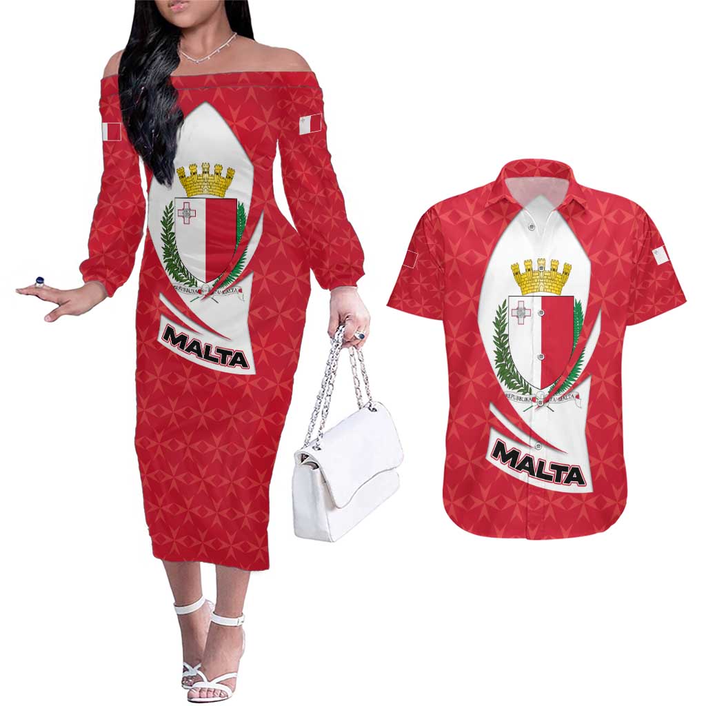 Malta Couples Matching Off The Shoulder Long Sleeve Dress and Hawaiian Shirt with Red White Swirl Design - Wonder Print Shop