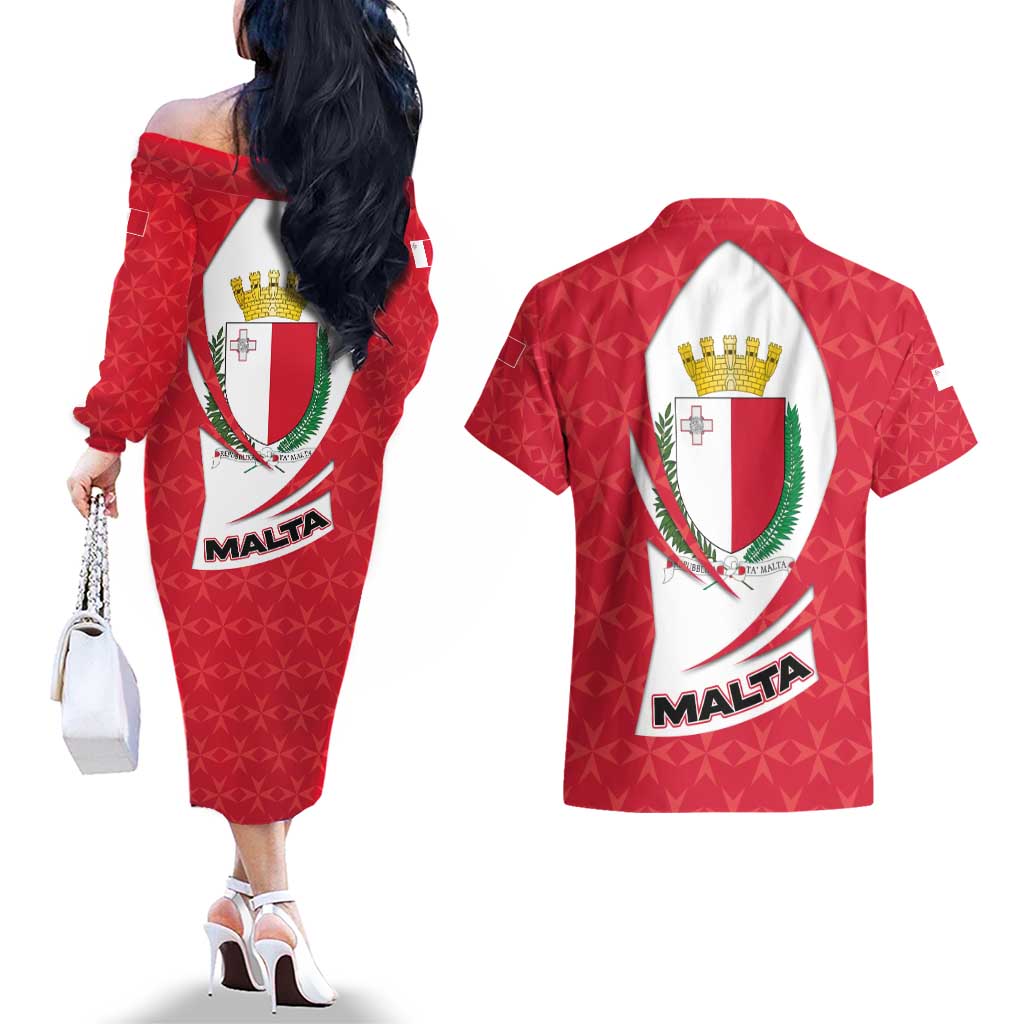 Malta Couples Matching Off The Shoulder Long Sleeve Dress and Hawaiian Shirt with Red White Swirl Design - Wonder Print Shop