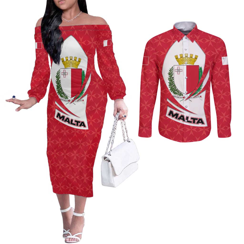 Malta Couples Matching Off The Shoulder Long Sleeve Dress and Long Sleeve Button Shirt with Red White Swirl Design - Wonder Print Shop